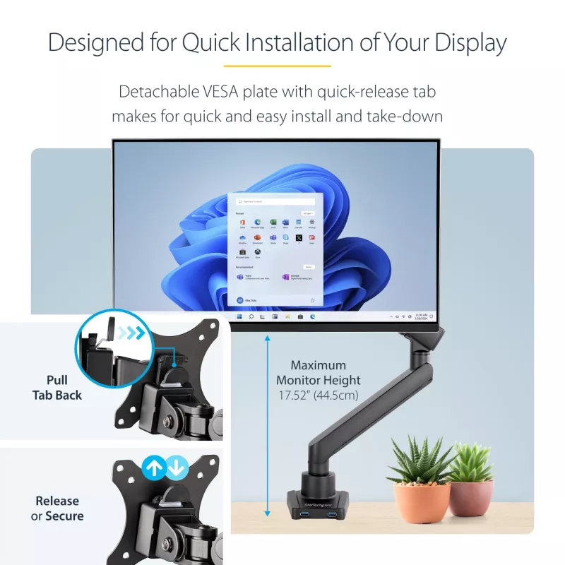 StarTech.com Desk Mount Monitor Arm with 2x USB 3.0 ports, Slim Full Motion Single Monitor Mount, up to 34 inch (17.6lb/8kg) VESA Display, Clamp/Grommet Mount, Mechanical Spring