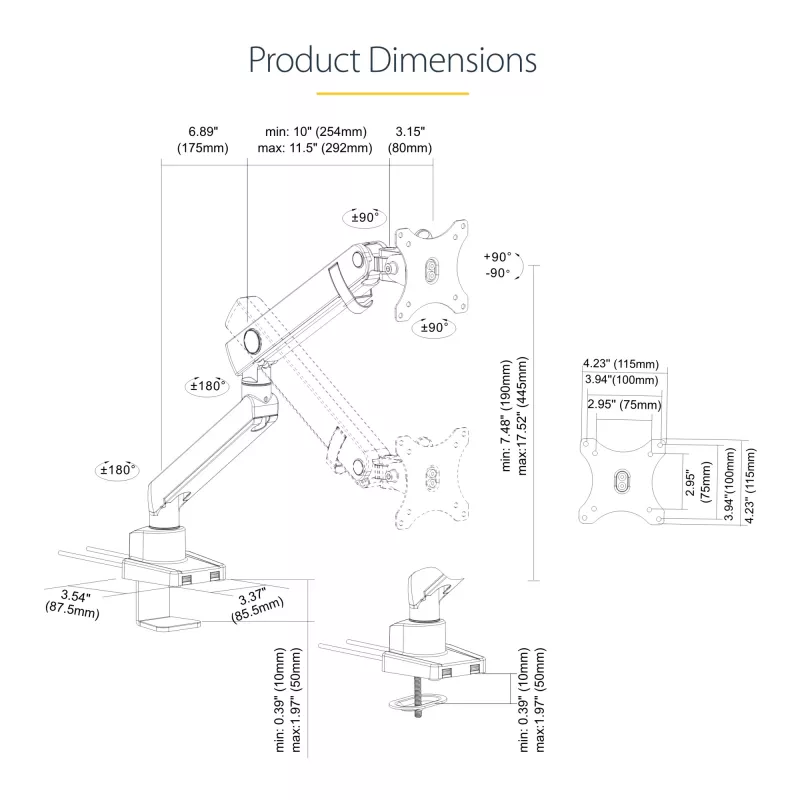 StarTech.com Desk Mount Monitor Arm with 2x USB 3.0 ports, Slim Full Motion Single Monitor Mount, up to 34 inch (17.6lb/8kg) VESA Display, Clamp/Grommet Mount, Mechanical Spring