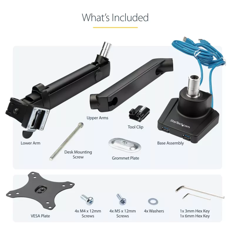 StarTech.com Desk Mount Monitor Arm with 2x USB 3.0 ports, Slim Full Motion Single Monitor Mount, up to 34 inch (17.6lb/8kg) VESA Display, Clamp/Grommet Mount, Mechanical Spring
