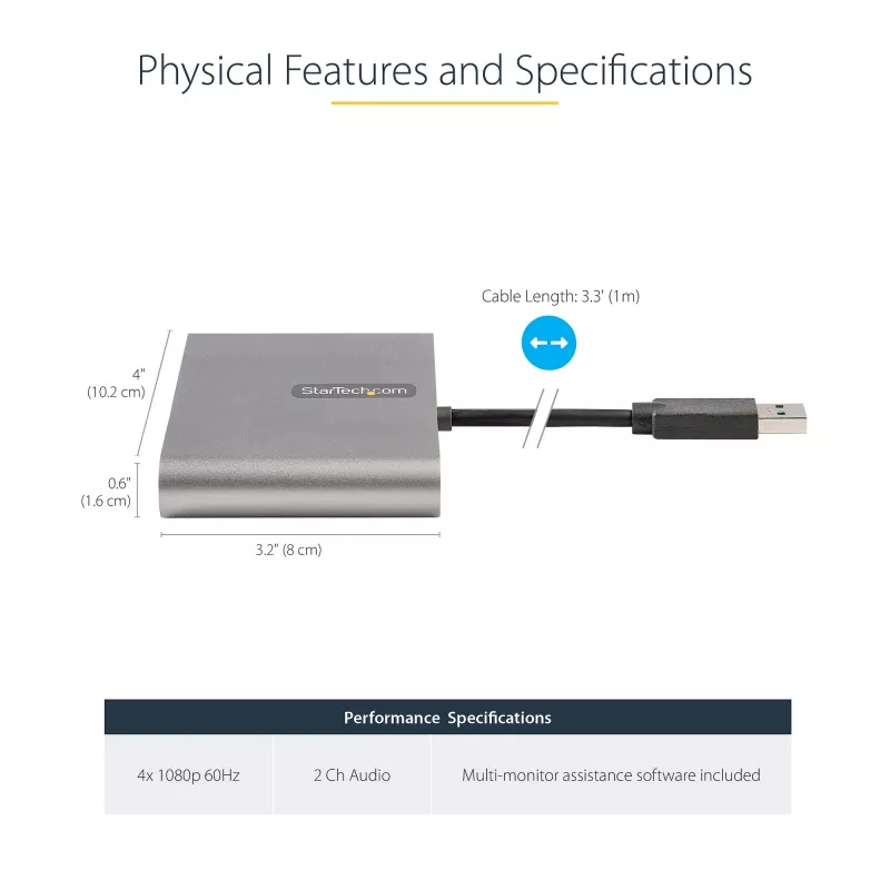 StarTech.com USB 3.0 to Quad HDMI Adapter, USB to 4x HDMI Monitor Converter for Windows (no support for macOS/ChromeOS/Linux) - TAA