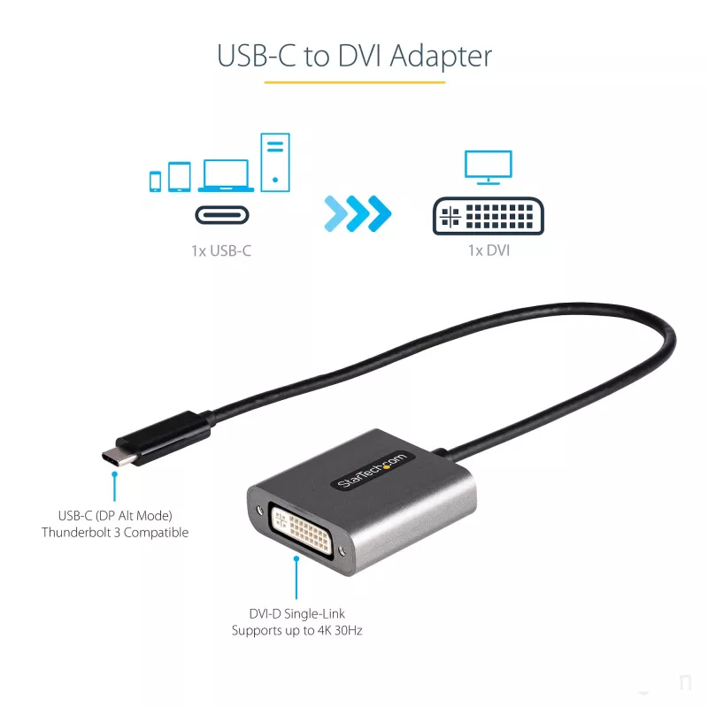 StarTech.com USB C to DVI Adapter - 1920x1200p USB-C to DVI-D Adapter Dongle - USB Type C to DVI Display/Monitor - Video Converter - Thunderbolt 3 Compatible - 12 inch Long Attached Cable - Upgraded Version of CDP2DVI