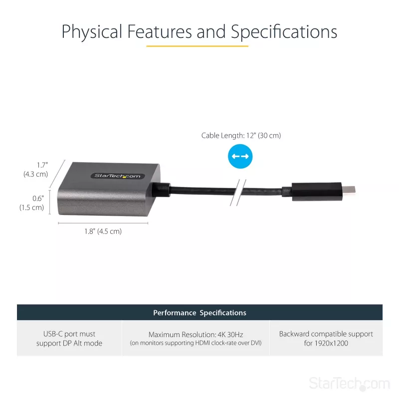 StarTech.com USB C to DVI Adapter - 1920x1200p USB-C to DVI-D Adapter Dongle - USB Type C to DVI Display/Monitor - Video Converter - Thunderbolt 3 Compatible - 12 inch Long Attached Cable - Upgraded Version of CDP2DVI