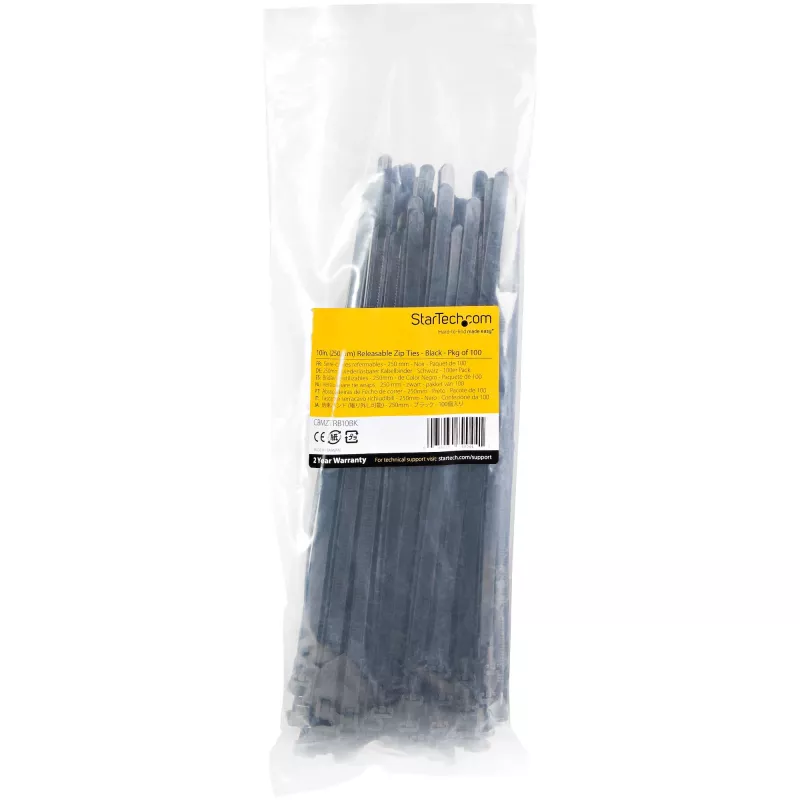 StarTech.com 10 inch(25cm) Reusable Cable Ties - 1/4 inch(7mm) wide, 2-1/2 inch(65mm) Bundle Dia. 50lb(22kg) Tensile Strength, Releasable Nylon Ties, Indoor/Outdoor, 94V-2/UL Listed, 100 Pack - Black
