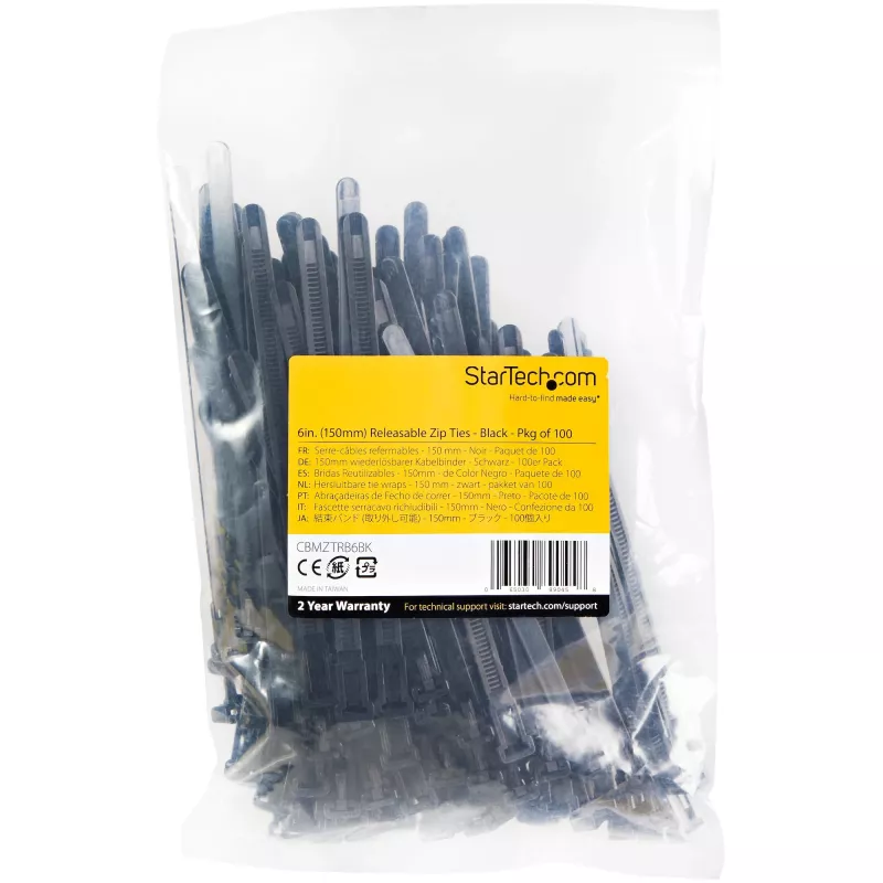 StarTech.com 6 inch(15cm) Reusable Cable Ties - 1/4 inch(7mm) wide, 1-3/8 inch(35mm) Bundle Dia. 50lb(22kg) Tensile Strength, Releasable Nylon Ties, Indoor/Outdoor, 94V-2/UL Listed, 100 Pack - Black