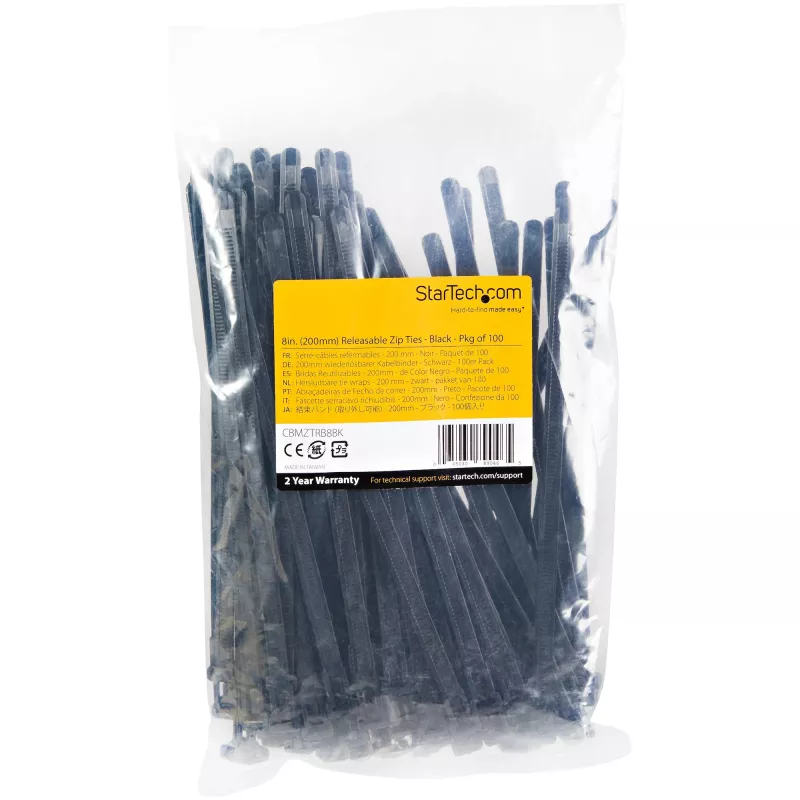 StarTech.com 8 inch(20cm) Reusable Cable Ties - 1/4 inch(7mm) wide, 1-7/8 inch(50mm) Bundle Dia. 50lb(22kg) Tensile Strength, Releasable Nylon Ties, Indoor/Outdoor, 94V-2/UL Listed, 100 Pack - Black