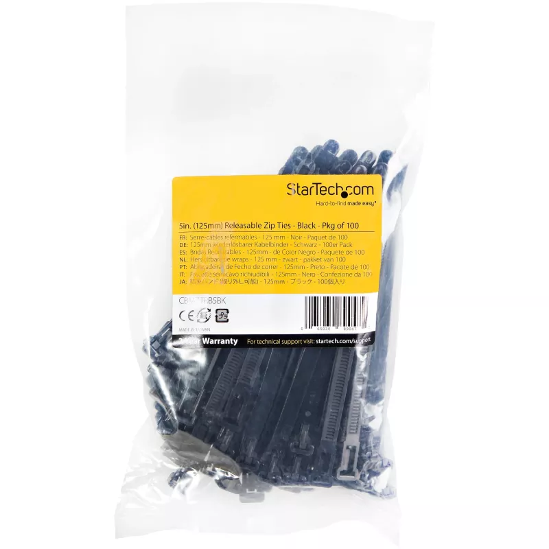 StarTech.com 5 inch(12cm) Reusable Cable Ties - 1/4 inch(7mm) wide, 1-1/8 inch(30mm) Bundle Dia. 50lb(22kg) Tensile Strength, Releasable Nylon Ties, Indoor/Outdoor, 94V-2/UL Listed, 100 Pack - Black