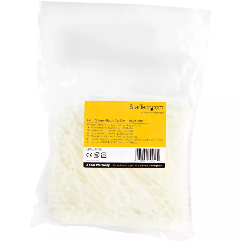 StarTech.com 4 inch(10cm) Cable Ties - 1/16 inch(2mm) wide, 7/8 inch(22mm) Bundle Diameter, 18lb(8kg) Tensile Strength, Nylon Self Locking Zip Ties with Curved Tip - 94V-2/UL Listed, 1000 Pack - White