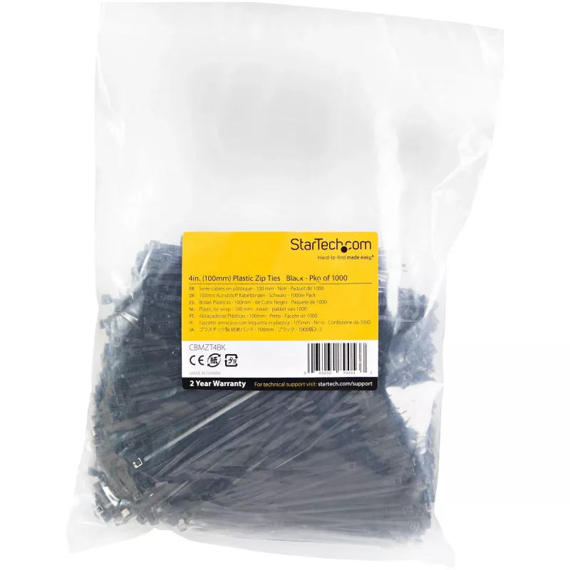 StarTech.com 4 inch(10cm) Cable Ties - 1/16 inch(2mm) wide, 7/8 inch(22mm) Bundle Diameter, 18lb(8kg) Tensile Strength, Nylon Self Locking Zip Ties with Curved Tip - 94V-2/UL Listed, 1000 Pack - Black