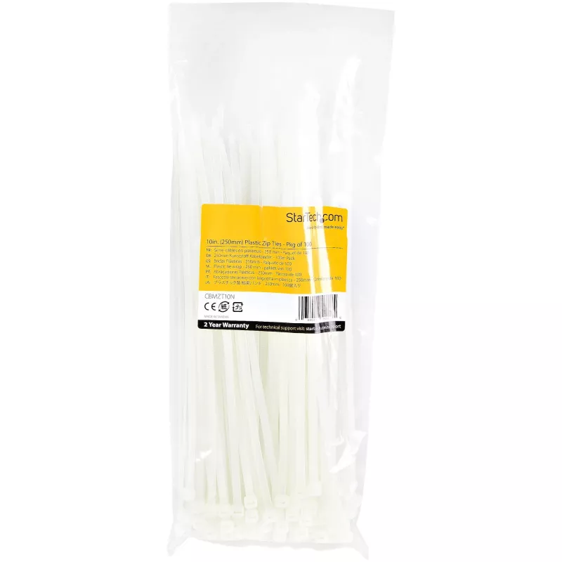 StarTech.com 10 inch(25cm) Cable Ties - 1/8 inch(4mm) wide, 2-5/8 inch(68mm) Bundle Diameter, 50lb(22kg) Tensile Strength, Nylon Self Locking Zip Ties w/ Curved Tip - 94V-2/UL Listed, 100 Pack - White