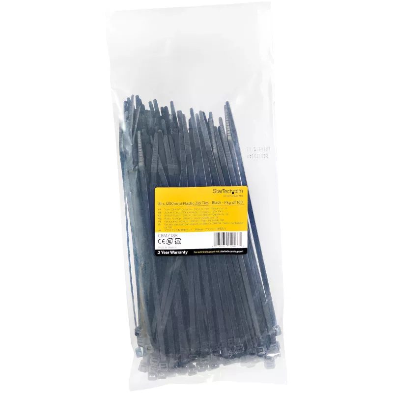 StarTech.com 8 inch(20cm) Cable Ties - 1/8 inch(4mm) wide, 2-1/8 inch(55mm) Bundle Diameter, 50lb(22kg) Tensile Strength, Nylon Self Locking Zip Ties with Curved Tip - 94V-2/UL Listed, 100 Pack - Black