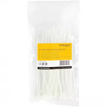 StarTech.com 100-Pack 6 inch(15cm) Cable Ties - 1/8 inch(3.6mm) wide, 1-3/8 inch(39mm) Bundle Diameter, 40lb(18kg) Tensile Strength, Nylon Self Locking Zip Ties with Curved Tip, UL Listed, White - TAA