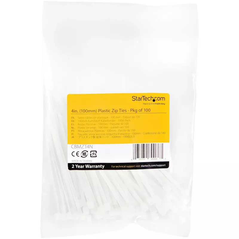 StarTech.com 4 inch(10cm) Cable Ties - 1/16 inch(2mm) wide, 7/8 inch(22mm) Bundle Diameter, 18lb(8kg) Tensile Strength, Nylon Self Locking Zip Ties with Curved Tip - 94V-2/UL Listed, 100 Pack - White
