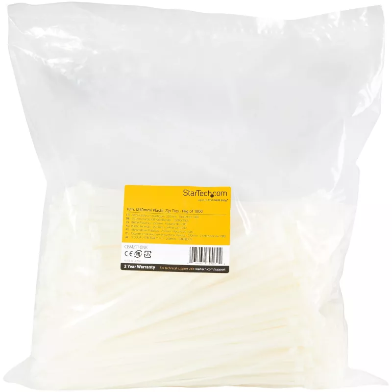 StarTech.com 10 inch(25cm) Cable Ties - 1/8 inch(4mm) wide, 2-5/8 inch(68mm) Bundle Diameter, 50lb(22kg) Tensile Strength, Nylon Self Locking Zip Ties w/Curved Tip, 94V-2/UL Listed, 1000 Pack - White