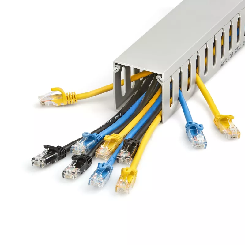StarTech.com Open Slot Cable Management Raceway with Cover, 2 inch(50mm)W x 2 inch(50mm)H - 6.5ft(2m) length - 1/4 inch(8mm) Slots, PVC Network Cable Hider/Wall Wire Duct, Max 80 Cables, UL Listed