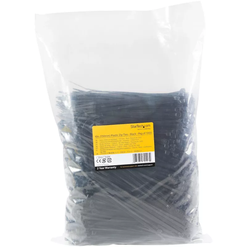 StarTech.com 1000-Pack 6 inch(15cm) Cable Ties - 1/8 inch(3.6mm) wide, 1-3/8 inch(39mm) Bundle Diameter, 40lb(18kg) Tensile Strength, Nylon Self Locking Zip Ties with Curved Tip, UL Listed, Black - TAA