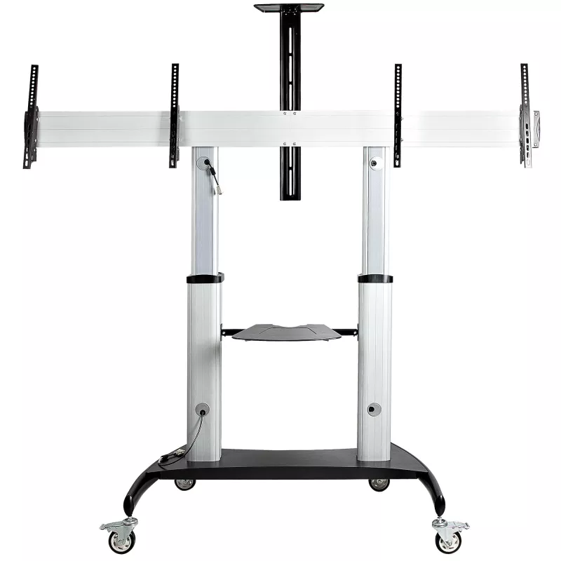 StarTech.com Dual TV Cart for 37-60in VESA TVs up to 110lb/50kg each - Height Adjustable TV Mount, Mobile Display Cart w/ Equipment Shelves - Rolling TV Cart on Wheels - Rolling TV Stand