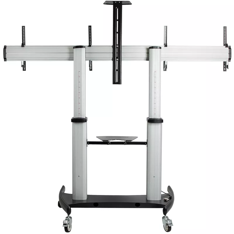 StarTech.com Dual TV Cart for 37-60in VESA TVs up to 110lb/50kg each - Height Adjustable TV Mount, Mobile Display Cart w/ Equipment Shelves - Rolling TV Cart on Wheels - Rolling TV Stand