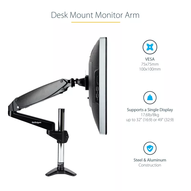 StarTech.com Desk Mount Monitor Arm for Single VESA Display up to 32 inch or 49 inch Ultrawide 8kg/17.6lb - Full Motion Articulating & Height Adjustable - C-Clamp, Grommet - Single Monitor Arm