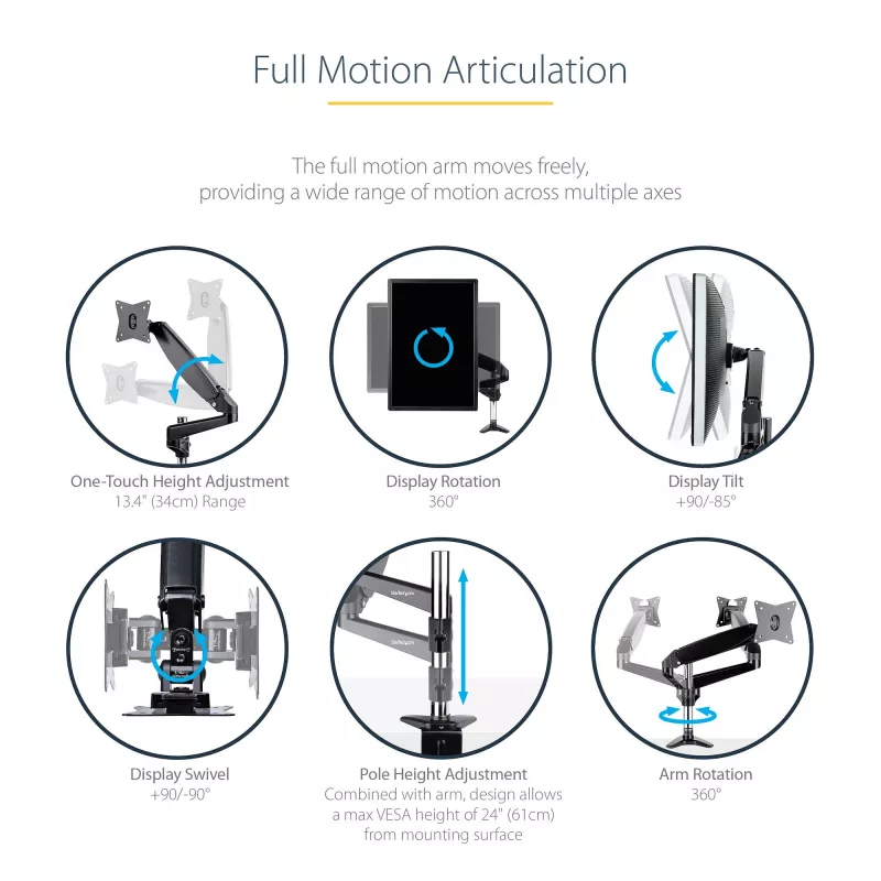 StarTech.com Desk Mount Monitor Arm for Single VESA Display up to 32 inch or 49 inch Ultrawide 8kg/17.6lb - Full Motion Articulating & Height Adjustable - C-Clamp, Grommet - Single Monitor Arm