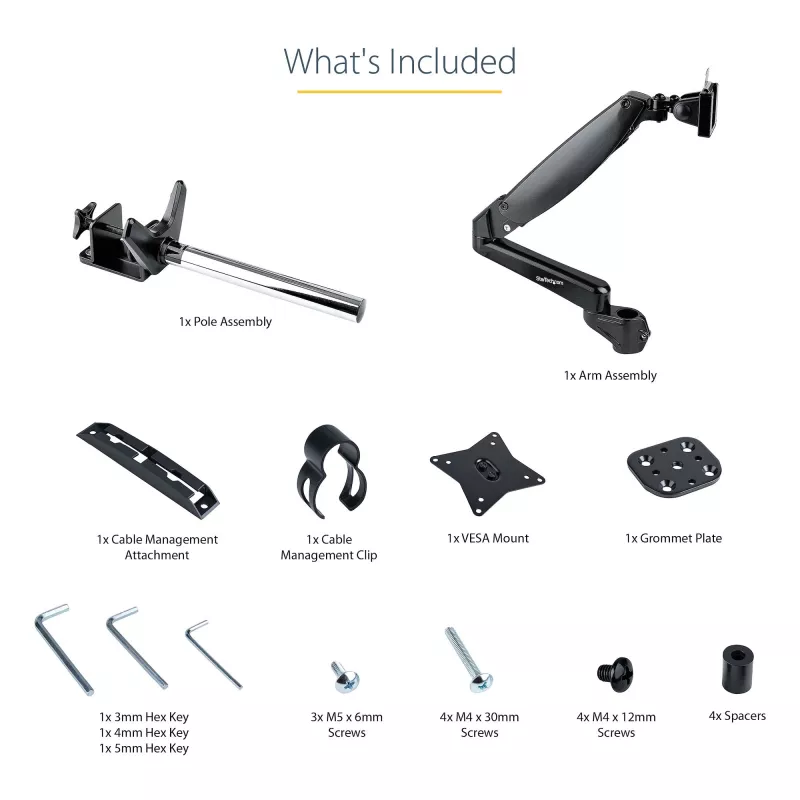 StarTech.com Desk Mount Monitor Arm for Single VESA Display up to 32 inch or 49 inch Ultrawide 8kg/17.6lb - Full Motion Articulating & Height Adjustable - C-Clamp, Grommet - Single Monitor Arm