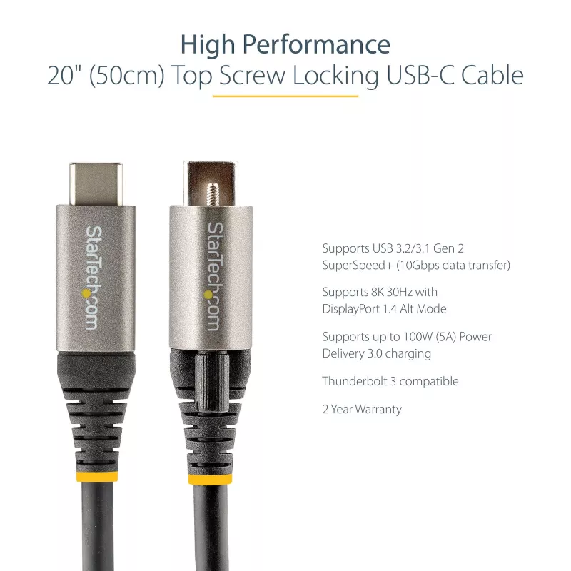 StarTech.com 20 inch (50cm) Top Screw Locking USB C Cable 10Gbps - USB 3.1/3.2 Gen 2 Type-C Cable - 100W (5A) Power Delivery Charging, DP Alt Mode - Single Screw Lock, USB-C Cord Charge/Sync