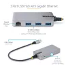 StarTech.com 3-Port USB Hub with Ethernet - 3x USB-A Ports - Gigabit Ethernet (RJ-45) - USB 3.0 5Gbps - Bus-Powered - 1ft/30cm Long Cable - Portable Laptop USB Hub Adapter w/ GbE