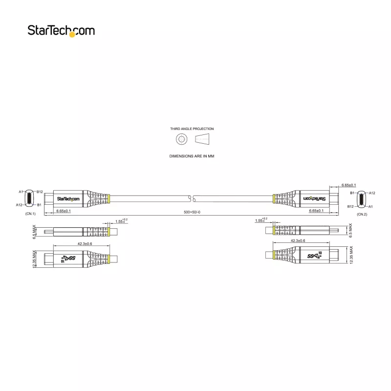 StarTech.com 20 inch (50cm) USB C Cable 10Gbps - USB 3.1 Type-C Cable - 100W (5A) Power Delivery Charging, DP Alt Mode - USB-C Cord for USB-C Laptop/Phone/Device - Charge/Sync