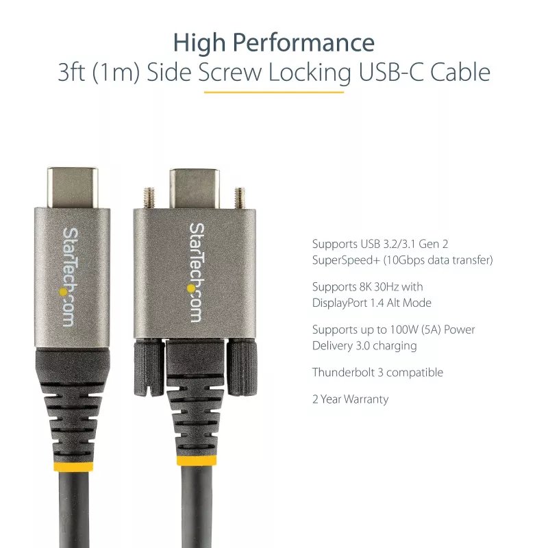 StarTech.com 3ft (1m) Side Screw Locking USB C Cable 10Gbps - USB-IF Certified USB-C Cable - USB 3.1/3.2 Gen 2 Type-C Cable - 100W (5A) Power Delivery Charging, DP Alt Mode - Dual Screw Lock - USB-C Cord Charge/Sync