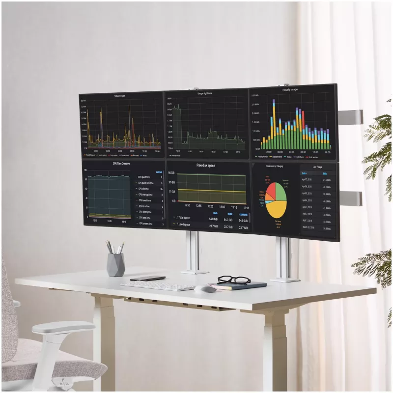 StarTech.com Six-Monitor Desk Mount with Crossbar, Up To 32-inch Computer Screens, Max 17.6lb (8kg) each, Dual Column, C-clamp/Grommet, Height Adjustable
