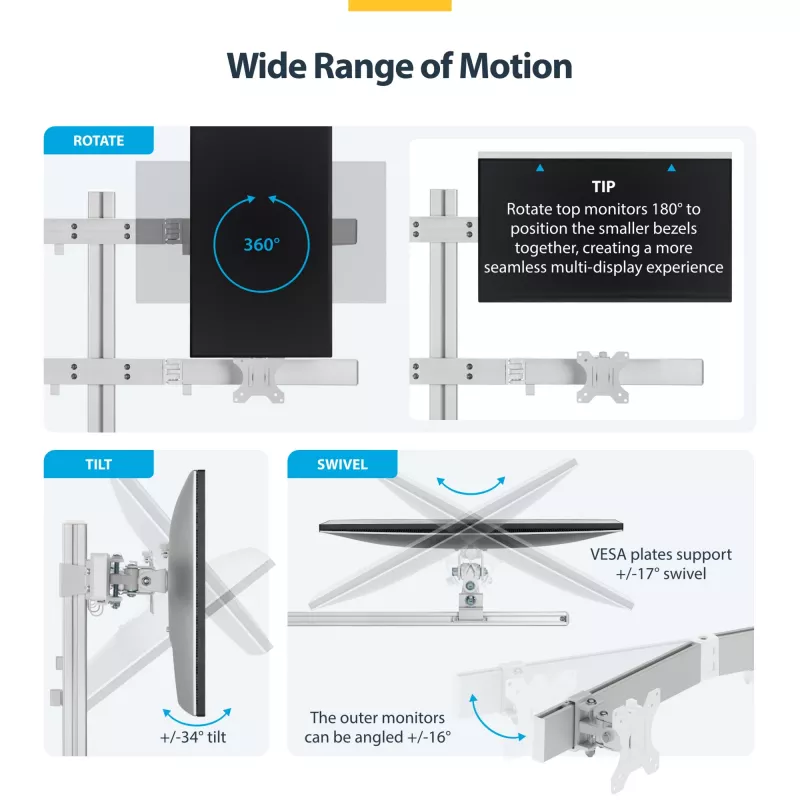 StarTech.com Six-Monitor Desk Mount with Crossbar, Up To 32-inch Computer Screens, Max 17.6lb (8kg) each, Dual Column, C-clamp/Grommet, Height Adjustable