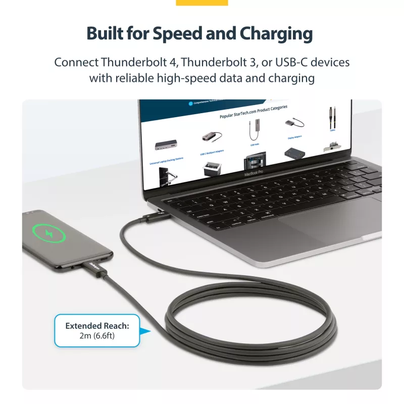 StarTech.com 6ft (2m) Active Thunderbolt 4 Cable, 40Gbps, 100W Power Delivery, 4K/8K Video, Intel-Certified Thunderbolt Cable - Compatible w/ USB4/Thunderbolt 4/ USB 3.2/ USB Type-C/DisplayPort/Thunderbolt 3