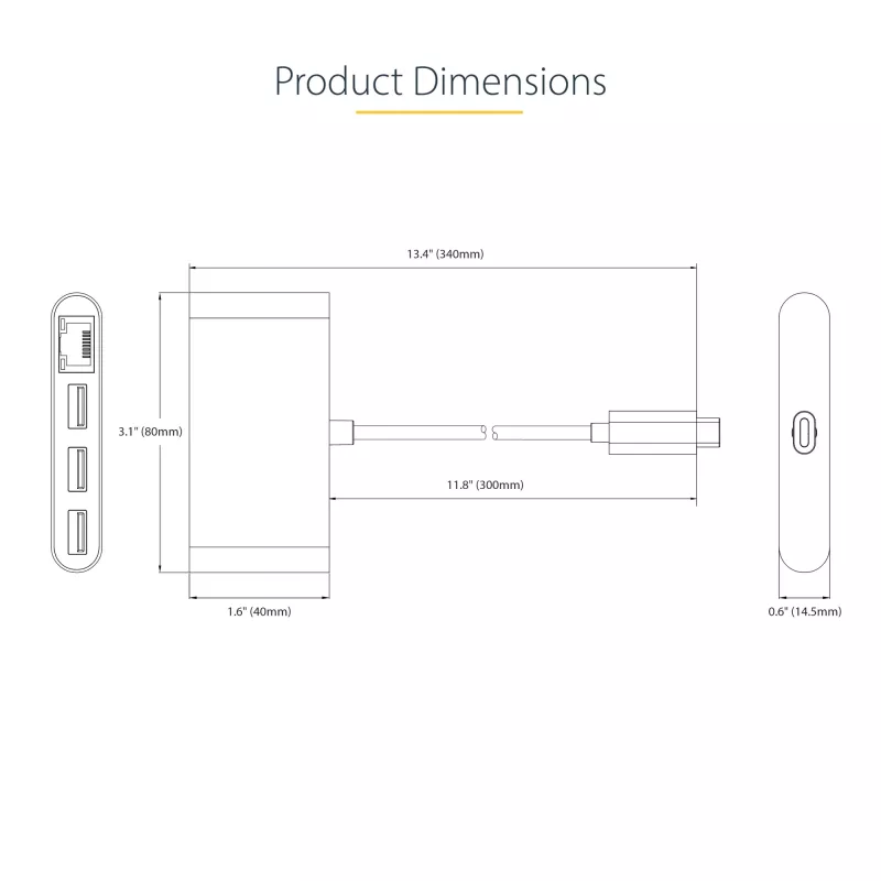StarTech.com 3-Port USB-C Hub with Ethernet - 3x USB-A - Gigabit Ethernet - USB 3.0 5Gbps - Bus-Powered - 1ft/30cm Long USB Type-C Host Cable - GbE - Portable USB-C to USB-A Hub