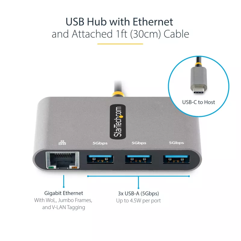 StarTech.com 3-Port USB-C Hub with Ethernet - 3x USB-A - Gigabit Ethernet - USB 3.0 5Gbps - Bus-Powered - 1ft/30cm Long USB Type-C Host Cable - GbE - Portable USB-C to USB-A Hub