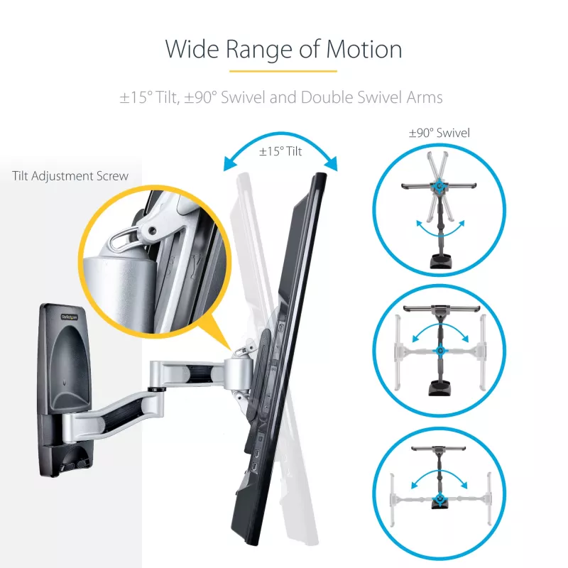 StarTech.com Articulating TV Wall Mount, VESA Wall Mount, Supports 26 to 65 inch/99lb/Flat/Curved TVs, Retractable Low Profile Wall Mount TV Bracket, Adjustable Corner TV Wall Mount