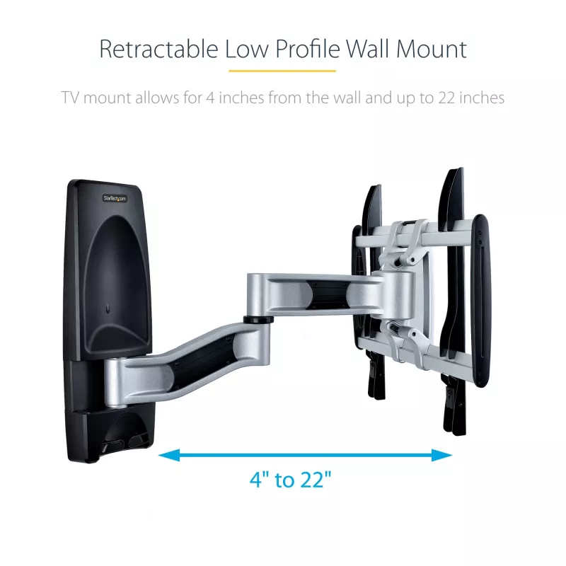 StarTech.com Articulating TV Wall Mount, VESA Wall Mount, Supports 26 to 65 inch/99lb/Flat/Curved TVs, Retractable Low Profile Wall Mount TV Bracket, Adjustable Corner TV Wall Mount
