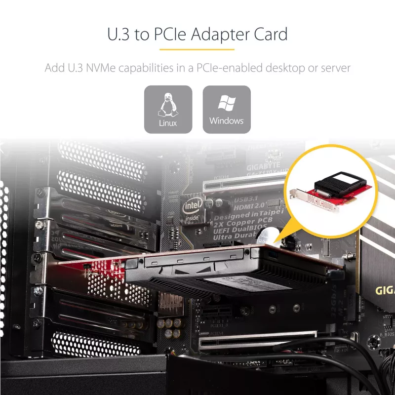 StarTech.com U.3 to PCIe Adapter Card, PCIe 4.0 x4 Adapter For 2.5 inch U.3 NVMe SSDs, SFF-TA-1001 PCI Express Add-in Card for Desktops/Servers, TAA Compliant - OS Independent