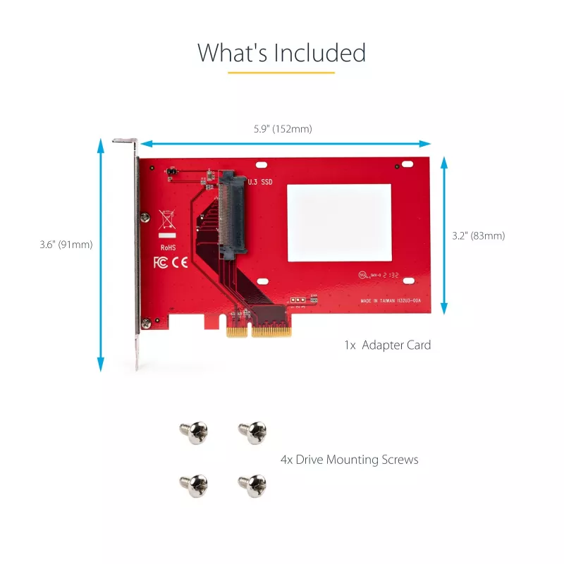 StarTech.com U.3 to PCIe Adapter Card, PCIe 4.0 x4 Adapter For 2.5 inch U.3 NVMe SSDs, SFF-TA-1001 PCI Express Add-in Card for Desktops/Servers, TAA Compliant - OS Independent