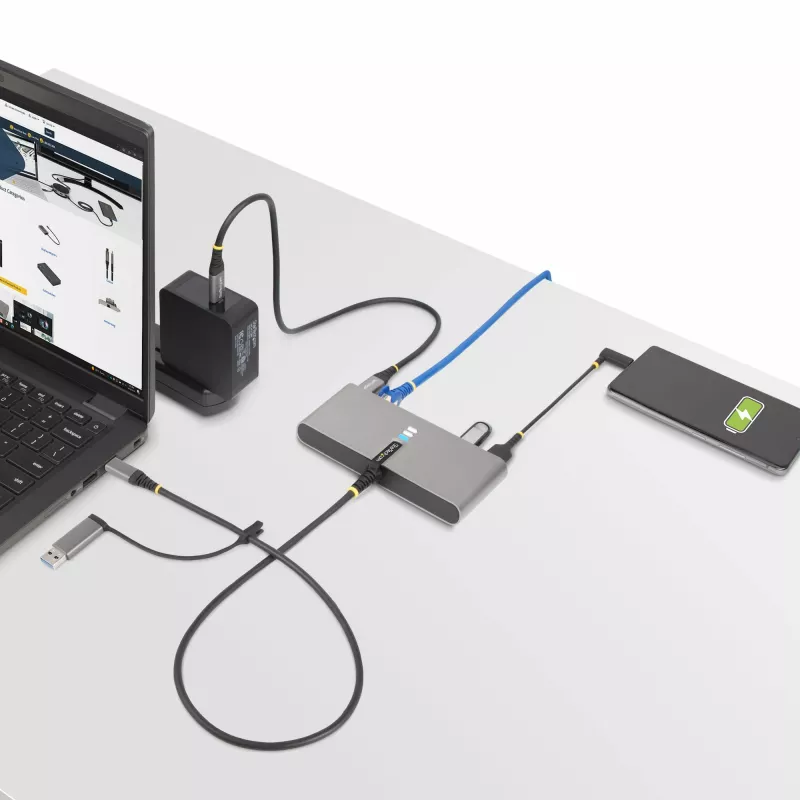 StarTech.com 2-Port USB-C Hub with Ethernet and RS-232, Attached USB-C to USB-A Dongle, 100W PD Pass-Through, 2x USB-A 5Gbps, Gigabit Ethernet, RS232 Serial (FTDI)