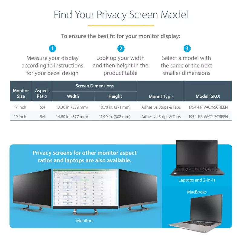 StarTech.com 19-inch 5:4 Computer Monitor Privacy Filter, Anti-Glare Privacy Screen w/51% Blue Light Reduction, Monitor Screen Protector w/+/- 30 Deg. Viewing Angle