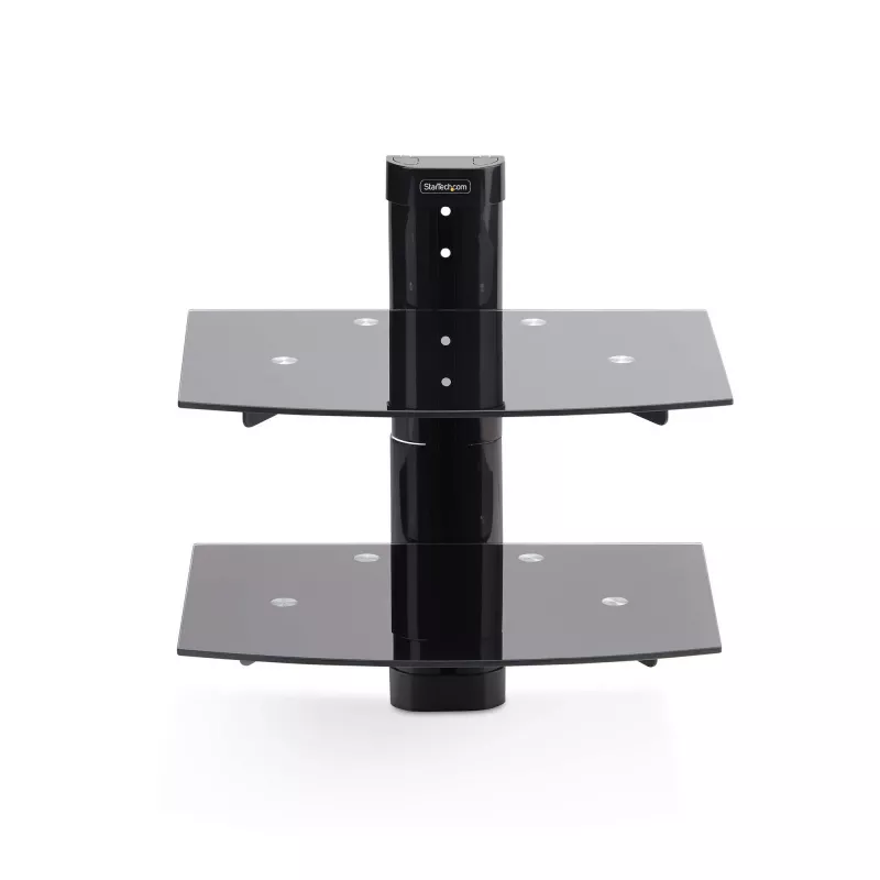 StarTech.com Dual Floating Wall-Mounted AV Shelves, Adjustable Height Shelf For Under TV, Organize A/V Equipment On Black Tempered Glass Shelves