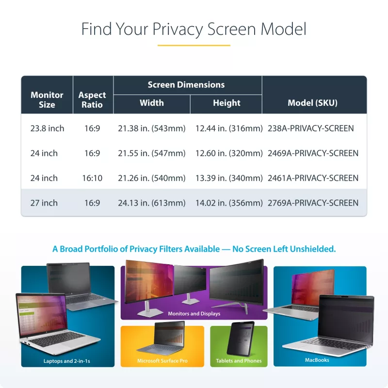 StarTech.com 27-inch 16:9 Computer Monitor Privacy Screen, Hanging Acrylic Filter, Quick-Install Security Shield, Monitor Screen Protector, +/- 30 Deg. View, Glossy