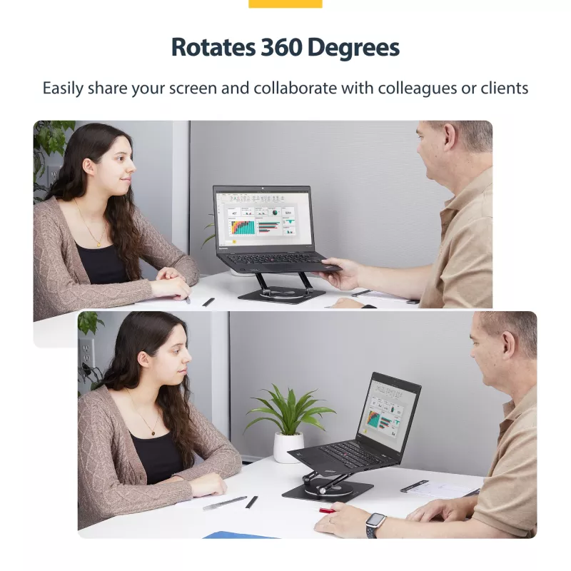StarTech.com Rotating Laptop Stand, 360 Swivel, Ergonomic Desk Riser for Computer, Elevated Tray w/ Adjustable Tilt, Max 11lb/5kg, Aluminum Build, Portable Design