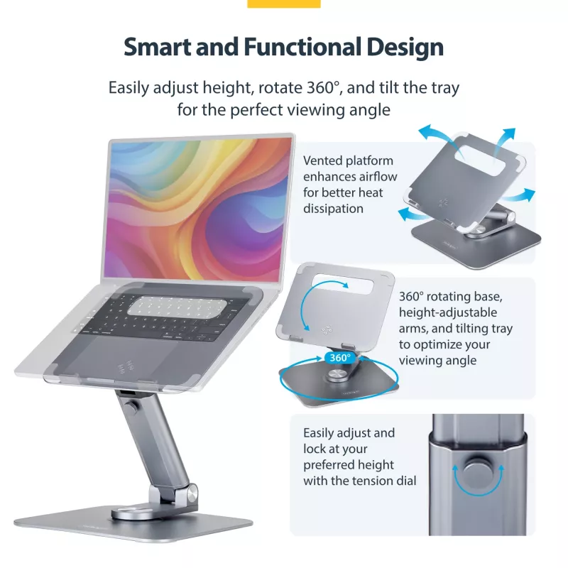 StarTech.com Telescopic Laptop Stand, 360 Swivel Base, Rotating Computer Riser for Desk, Adjustable Height and Tilt, Max 11lb/5kg, Aluminum Build, Portable Design
