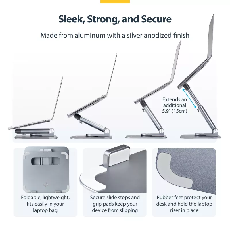 StarTech.com Telescopic Laptop Stand, 360 Swivel Base, Rotating Computer Riser for Desk, Adjustable Height and Tilt, Max 11lb/5kg, Aluminum Build, Portable Design
