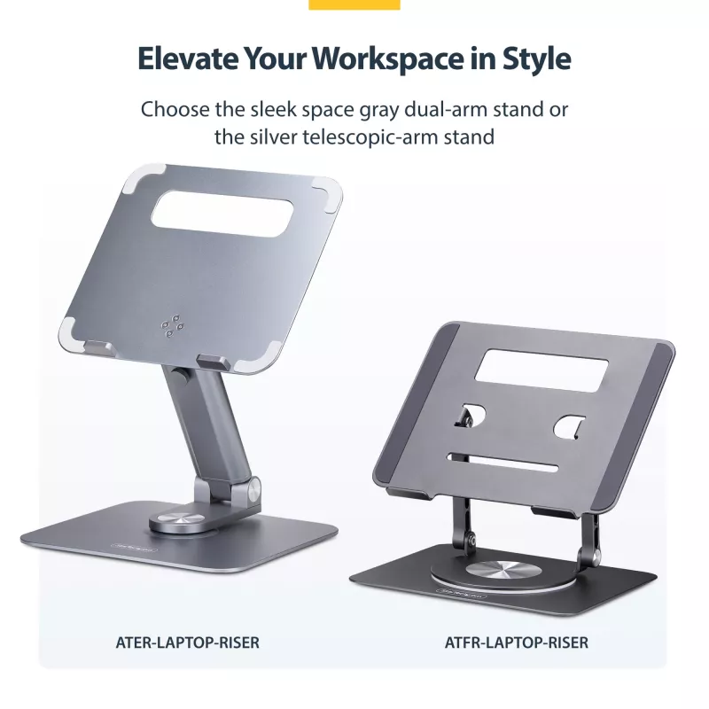 StarTech.com Telescopic Laptop Stand, 360 Swivel Base, Rotating Computer Riser for Desk, Adjustable Height and Tilt, Max 11lb/5kg, Aluminum Build, Portable Design