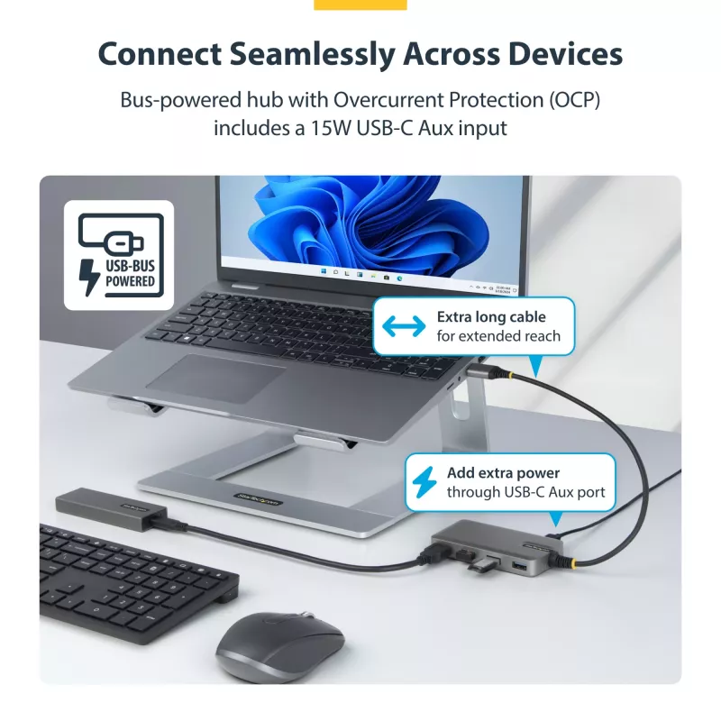StarTech.com 4-Port USB-A Hub, 5Gbps, Bus Powered, USB-A to 4x USB-A Hub with USB-C Auxiliary Power Input, 1ft/30cm Host Cable, Portable Desktop/Laptop USB Hub