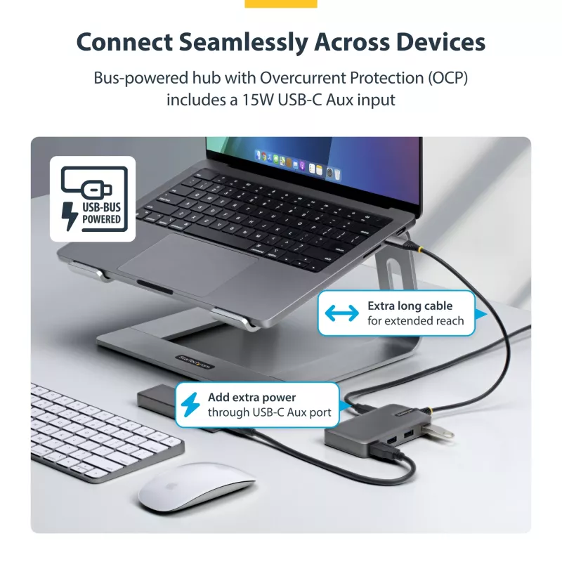 StarTech.com 4-Port USB-C Hub, 5Gbps, Bus Powered, USB C to 4x USB-A Hub with USB-C Auxiliary Power Input, 1ft/30cm Host Cable, Portable Desktop/Laptop USB Hub