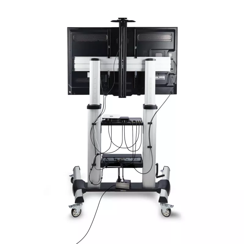 StarTech.com Rolling TV Cart/Stand On Wheels For 60-100inch Flat Screens Up To 220lb (100kg), Height Adjustment via Hand Crank, Mobile/Portable Trolley Mount