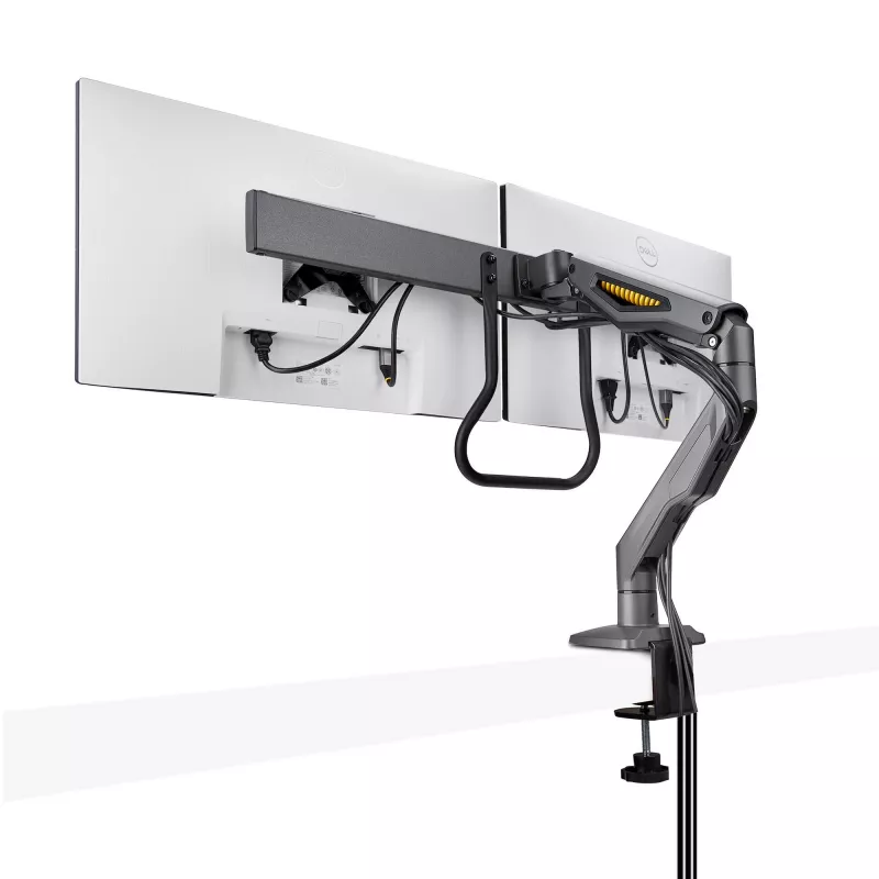 StarTech.com Desk Mount Dual Monitor Arm with Crossbar, Up To 27 inch Displays, VESA 75x75/100x100, Max 33lb/15kg, C-Clamp, Fully Articulating, Mechanical Spring, TAA