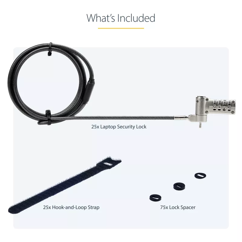 StarTech.com 25-Pack Universal Laptop Lock 6.6ft (2m), Serialized Security Cable for Notebook, Compatible With Noble Wedge®/Nano/K-Slot, Keyless Combination Cable - TAA